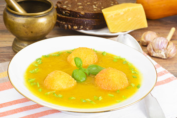 Carrot, Pumpkin Cream Soup with Cheese Balls Diet Food