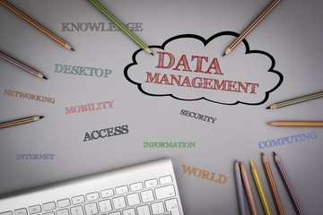 Data Management word cloud. Colored pencils and a computer keybo