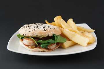 Burger with shrimp and potato fries