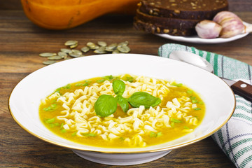 Pumpkin Soup with Pasta and Basil. Diet Food