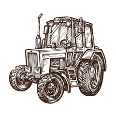 hand drawn farm tractor. sketch vector illustration