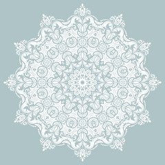 Fototapeta na wymiar Oriental vector round light blue and white pattern with arabesques and floral elements. Traditional classic ornament