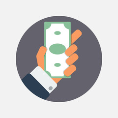Paper money in hand businessman. Flat icon. Dollars. Isolated vector illustration.