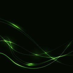Dark background with green laser shine neon waves