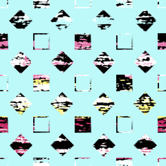 Cute vector geometric seamless pattern. Brush strokes, triangles and squares. Hand drawn grunge texture. Abstract forms. Endless texture can be used for printing onto fabric or paper