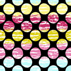 Cute vector geometric seamless pattern . Polka dots and stripes. Brush strokes. Hand drawn grunge texture. Abstract forms. Endless texture can be used for printing onto fabric or paper