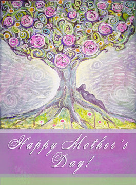Happy mothers day hand drawn greeting card. Tree of Life acrylic painting. Spring painting