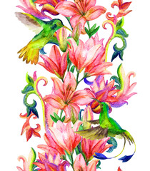 lily border with watercolor birds