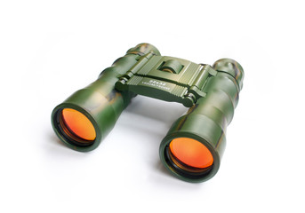 Camouflage style binoculars on a white background. Full control concept