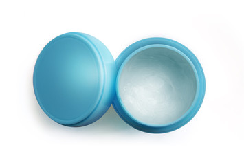 Open jar with cosmetic gel, cream, balsam. Care concept. Top view