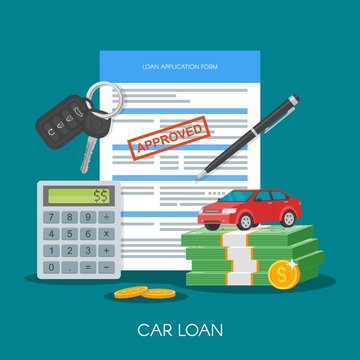 Approved car loan vector illustration. Buying automobile concept. Auto keys, money, application form