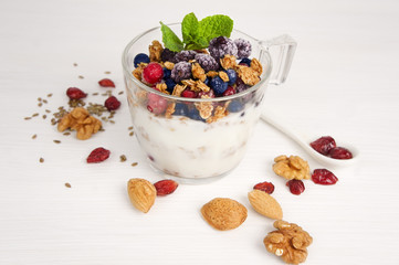 Healthy breakfast granola with yogurt, nuts, seeds and berries