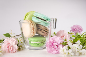 French macaroons in cup. Turquoise, chocolate and green colors.