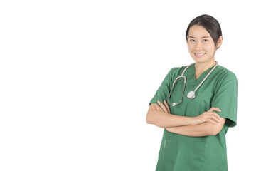 Portrait female doctor wearing a green scrubs and stethoscope