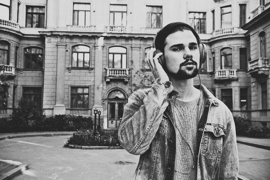 Hipster man portrait in black and white