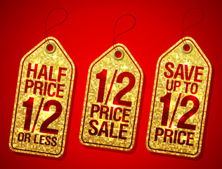 Half price sale, 1/2 price save, advertising sale golden labels set