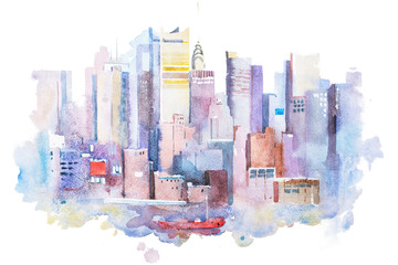 akwarela rysunek gród Nowy Jork, USA. Obraz akwareli Manhattanu - 108663290