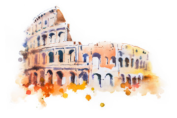 Plakat watercolor drawing of Coliseum in Rome. Hand drawn Italian sightseeing