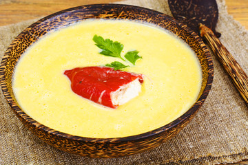Pumpkin-Potato Puree Cream Soup with Roasted Bell Pepper and Goa