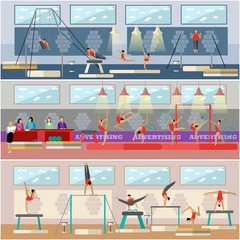 Gymnastic sport competition arena interior vector illustration. Sportsman flat icons. Artistic and rhythmic gymnast exercise