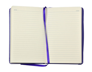 Open blue agenda or planner with pages with lines and blue band in the middle, on white background