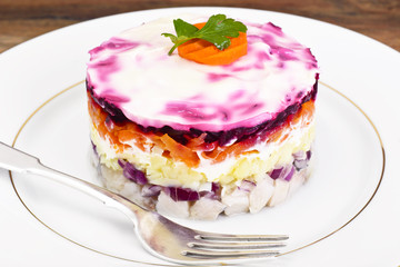 Russian Salad Coat of Beets, Carrots, Potatoes and Herring