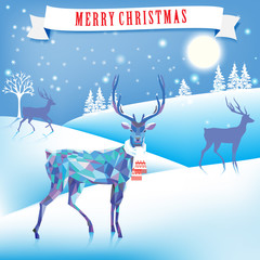 lovely Christmas image. Deer, winter landscape, Christmas tree.vector illustration