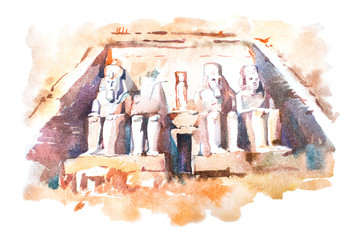 Abu Simbel temples watercolor drawing, Egypt. The Great Temple of Ramesses II aquarelle painting