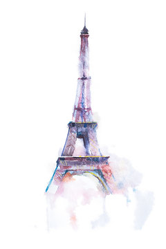 watercolor drawing of Eiffel tower in Paris on white background