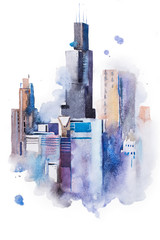 watercolor drawing cityscape big city downtown, aquarelle painting.