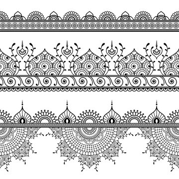 Mehndi Henna three line lace seamless pattern for tattoo  elements in Indian style on white background