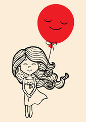 Little Girl / Hand drawn little girl with red balloon. 