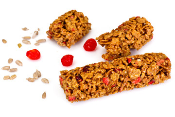 Muesli bars with sunflower seeds, nuts and dried cherries