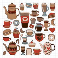 Doodle hand drawn seamless pattern with coffee