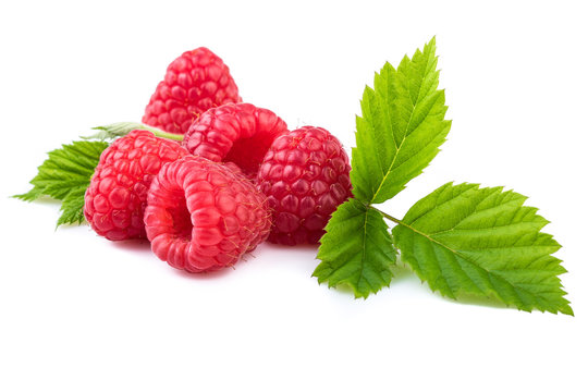 raspberries with mint leaf isolated on white close up
