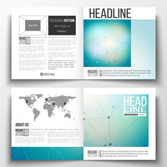 Set of annual report business templates for brochure, magazine, flyer or booklet. Molecular construction with connected lines and dots, scientific pattern on gray background.