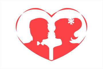 Silhouettes of loving couple in heart. Red against white background. Vector