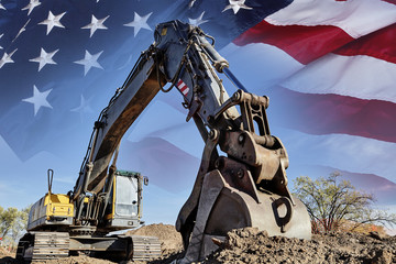 Industrial Heavy Equipment machine excavator USA flag concept bu