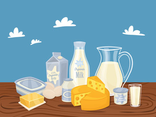 Dairy products isolated, bitmap illustration. Milk product on wooden table. Healthy food. Organic food. Farmers product.