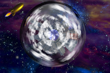 Retro space craft near large interstellar city ship