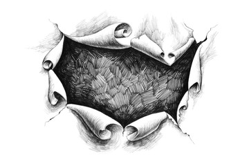 Breakthrough paper hole in the rough. Pencil drawing. - 108676441