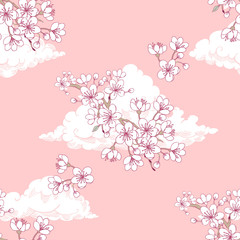 Seamless pattern  with sakura and clouds