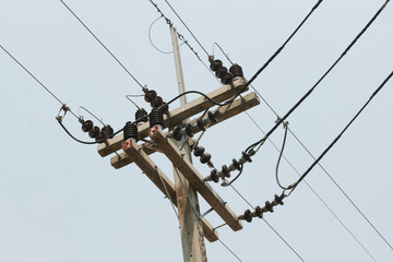 Electric pole on a country road With green rice And the blue sky With strong sunlight