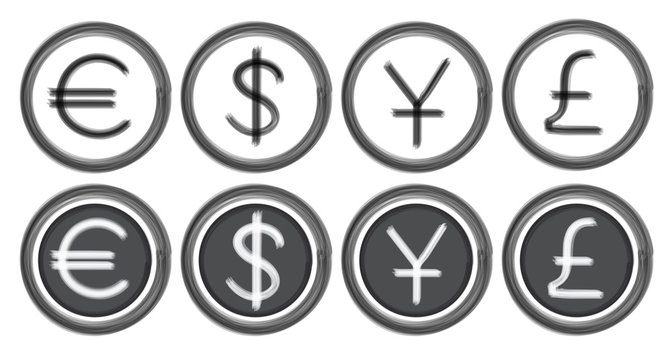 Currency Icons. Dollar, Euro, Pound Sterling, Yen (or Yuan). Brush Style Illustration.