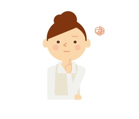 女性　エプロン　悩む