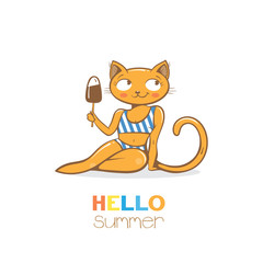 Summer beautiful card with cute cartoon cat in striped  bikini. Cat and ice cream. Vector image.