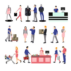 People silhouettes in shopping mall. Icons isolated on white background. Vector illustration flat style design. 