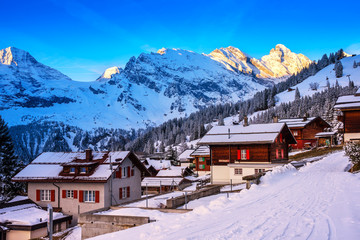 Swiss wood chalet in Murren, Jungfrau region, Switzerland.