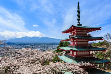 Wall murals Japan Mt Fuji, Chureito Pagoda or Red Pagoda with sakura.
