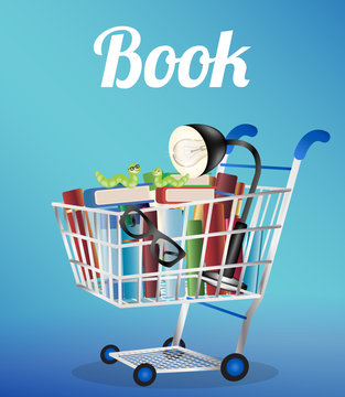 books reading lamp reading glasses and worm book on a shopping cart
